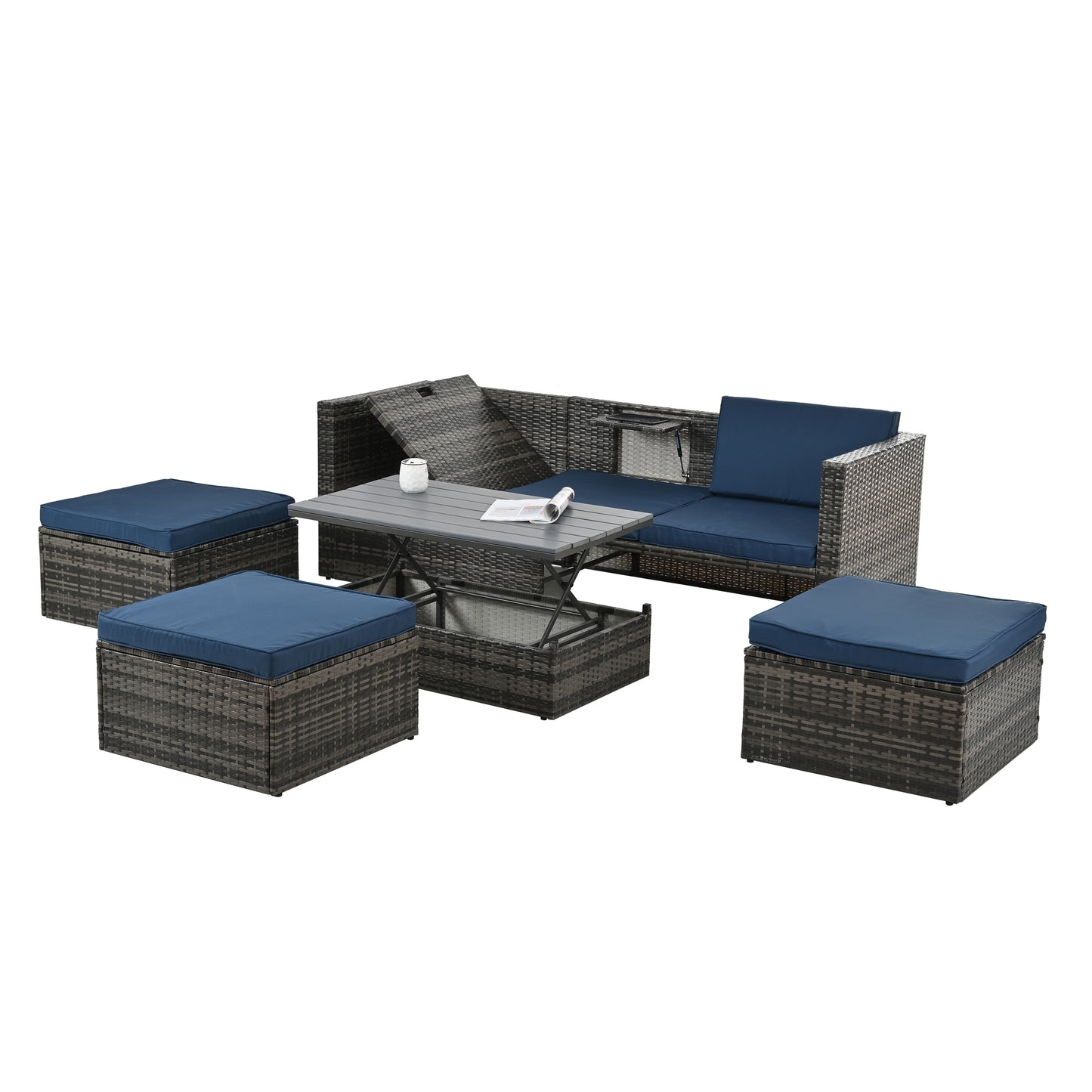 Patio Furniture, Outdoor Furniture, Seasonal PE Wicker Furniture,5 Set Wicker Furniture With Plywood Coffee Table,with lift TOP Coffee Table,with Lounger Sofa