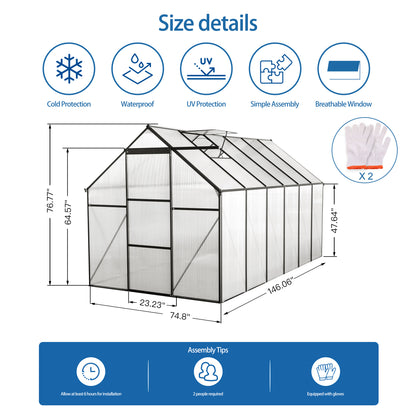 6x12 FT Polycarbonate Greenhouse Raised Base and Anchor Aluminum Heavy Duty Walk-in Greenhouses for Outdoor Backyard in All Season,Black