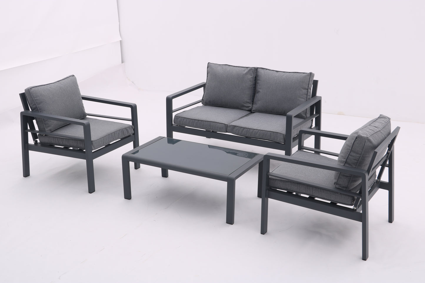 4-piece Aluminum Outdoor Patio Conversation Set,All-Weather Sectional Sofa Outside Furniture with Removable Cushions and Tempered Glass Coffee Table for Courtyard,Poolside,Deck,Balcony(Grey)