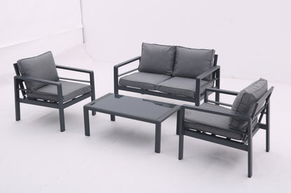 4-piece Aluminum Outdoor Patio Conversation Set,All-Weather Sectional Sofa Outside Furniture with Removable Cushions and Tempered Glass Coffee Table for Courtyard,Poolside,Deck,Balcony(Grey)