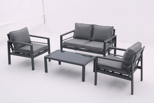 4-piece Aluminum Outdoor Patio Conversation Set,All-Weather Sectional Sofa Outside Furniture with Removable Cushions and Tempered Glass Coffee Table for Courtyard,Poolside,Deck,Balcony(Grey)