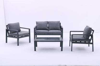 4-piece Aluminum Outdoor Patio Conversation Set,All-Weather Sectional Sofa Outside Furniture with Removable Cushions and Tempered Glass Coffee Table for Courtyard,Poolside,Deck,Balcony(Grey)