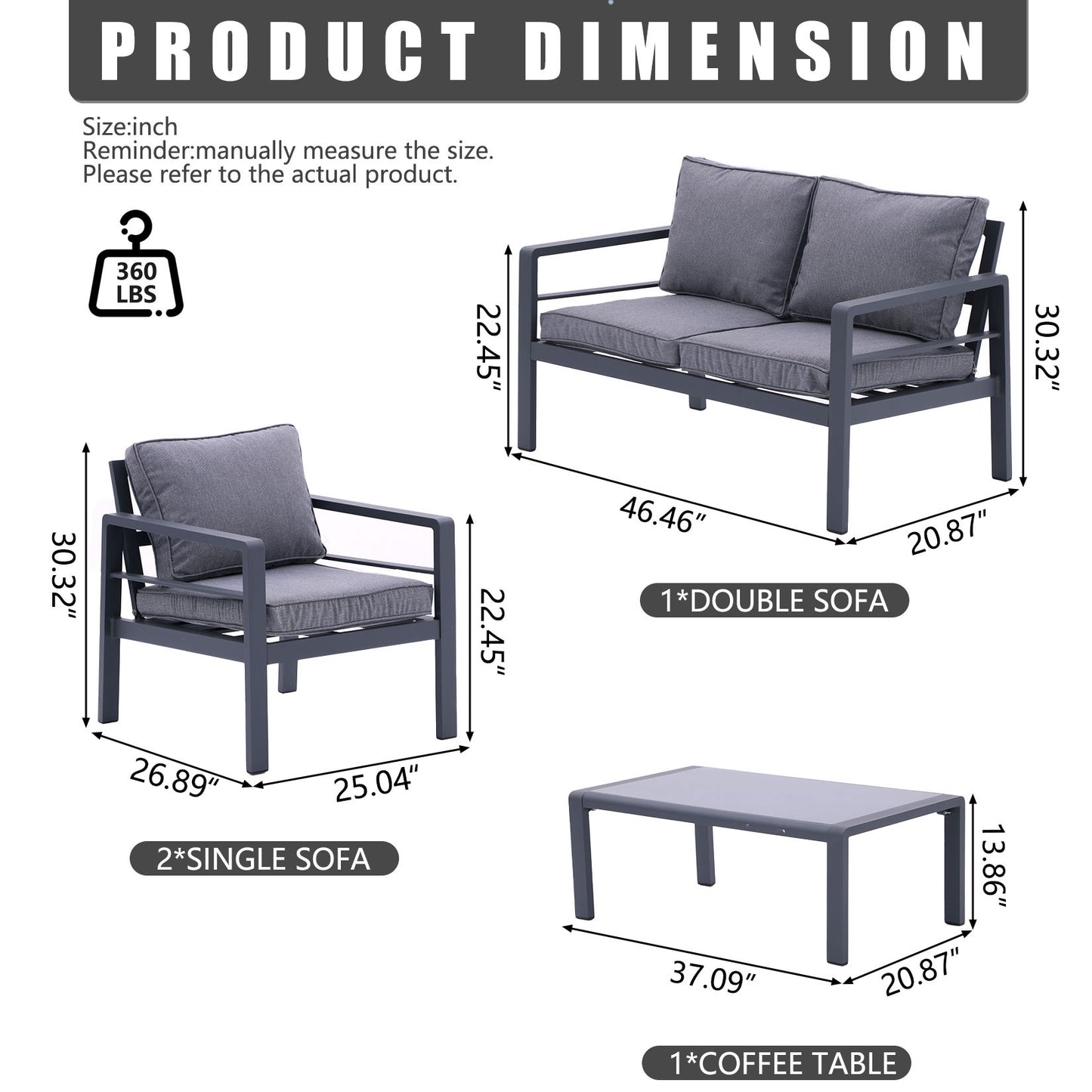 4-piece Aluminum Outdoor Patio Conversation Set,All-Weather Sectional Sofa Outside Furniture with Removable Cushions and Tempered Glass Coffee Table for Courtyard,Poolside,Deck,Balcony(Grey)
