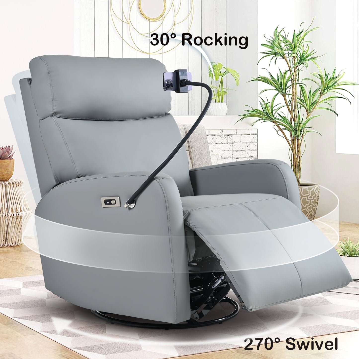 270° Power Swivel Rocker Recliner Chair, Electric Glider Reclining Sofa with USB Ports, Power Swivel Glider, Rocking Chair Nursery Recliners for Living Room Bedroom(Blue-gray)