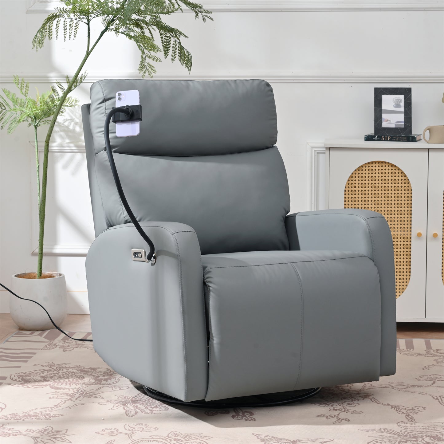 270° Power Swivel Rocker Recliner Chair, Electric Glider Reclining Sofa with USB Ports, Power Swivel Glider, Rocking Chair Nursery Recliners for Living Room Bedroom(Blue-gray)