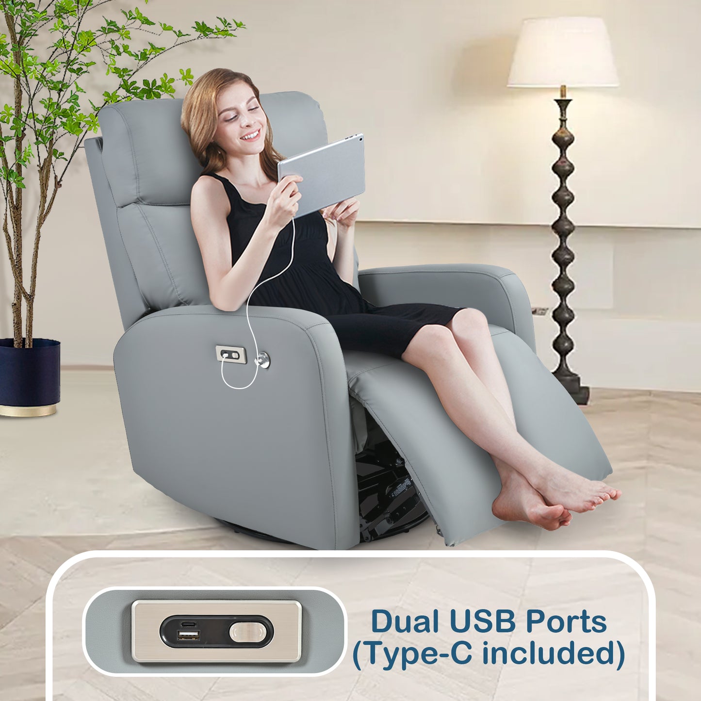 270° Power Swivel Rocker Recliner Chair, Electric Glider Reclining Sofa with USB Ports, Power Swivel Glider, Rocking Chair Nursery Recliners for Living Room Bedroom(Blue-gray)