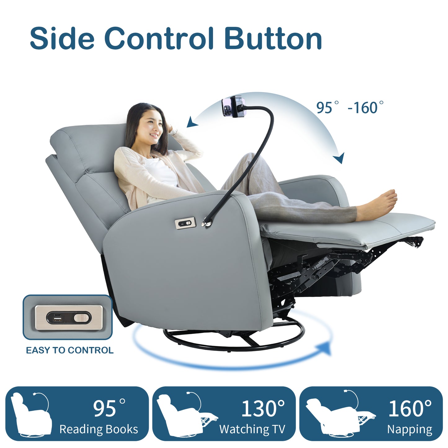 270° Power Swivel Rocker Recliner Chair, Electric Glider Reclining Sofa with USB Ports, Power Swivel Glider, Rocking Chair Nursery Recliners for Living Room Bedroom(Blue-gray)