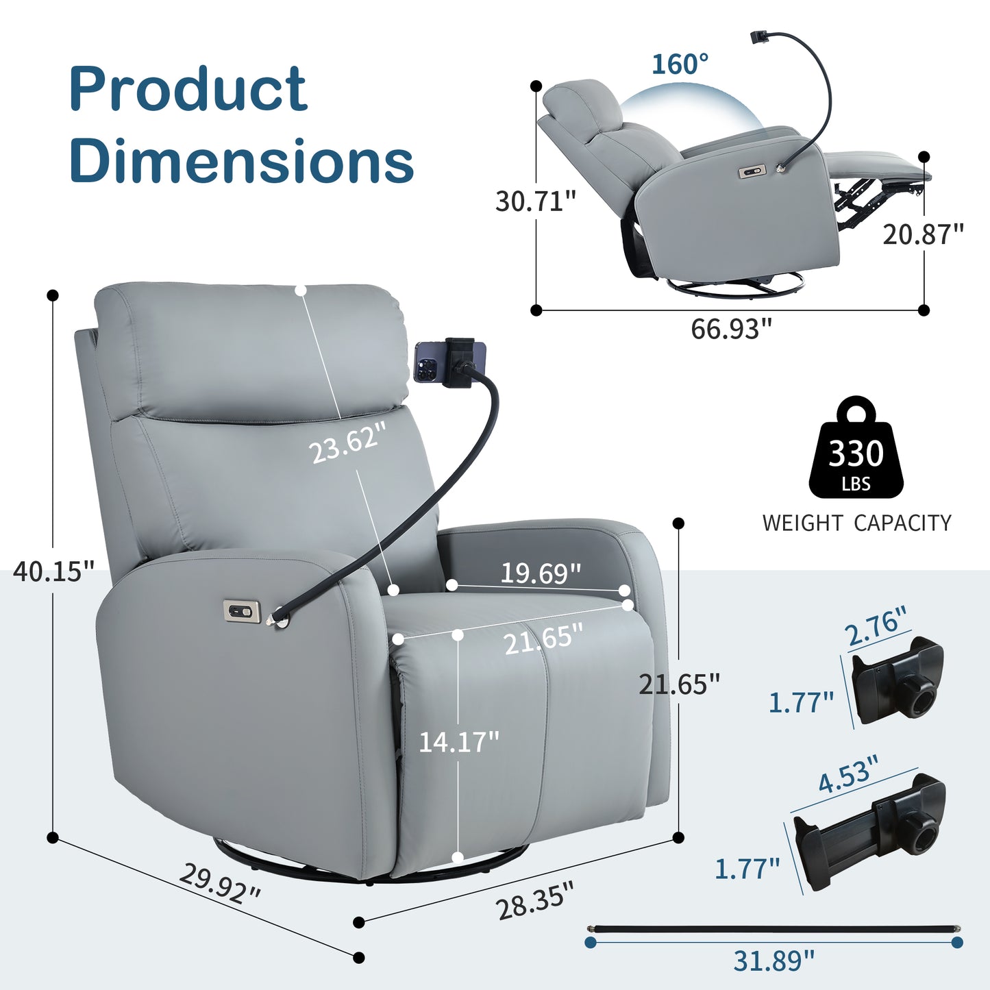 270° Power Swivel Rocker Recliner Chair, Electric Glider Reclining Sofa with USB Ports, Power Swivel Glider, Rocking Chair Nursery Recliners for Living Room Bedroom(Blue-gray)