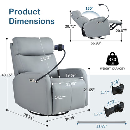 270° Power Swivel Rocker Recliner Chair, Electric Glider Reclining Sofa with USB Ports, Power Swivel Glider, Rocking Chair Nursery Recliners for Living Room Bedroom(Blue-gray)