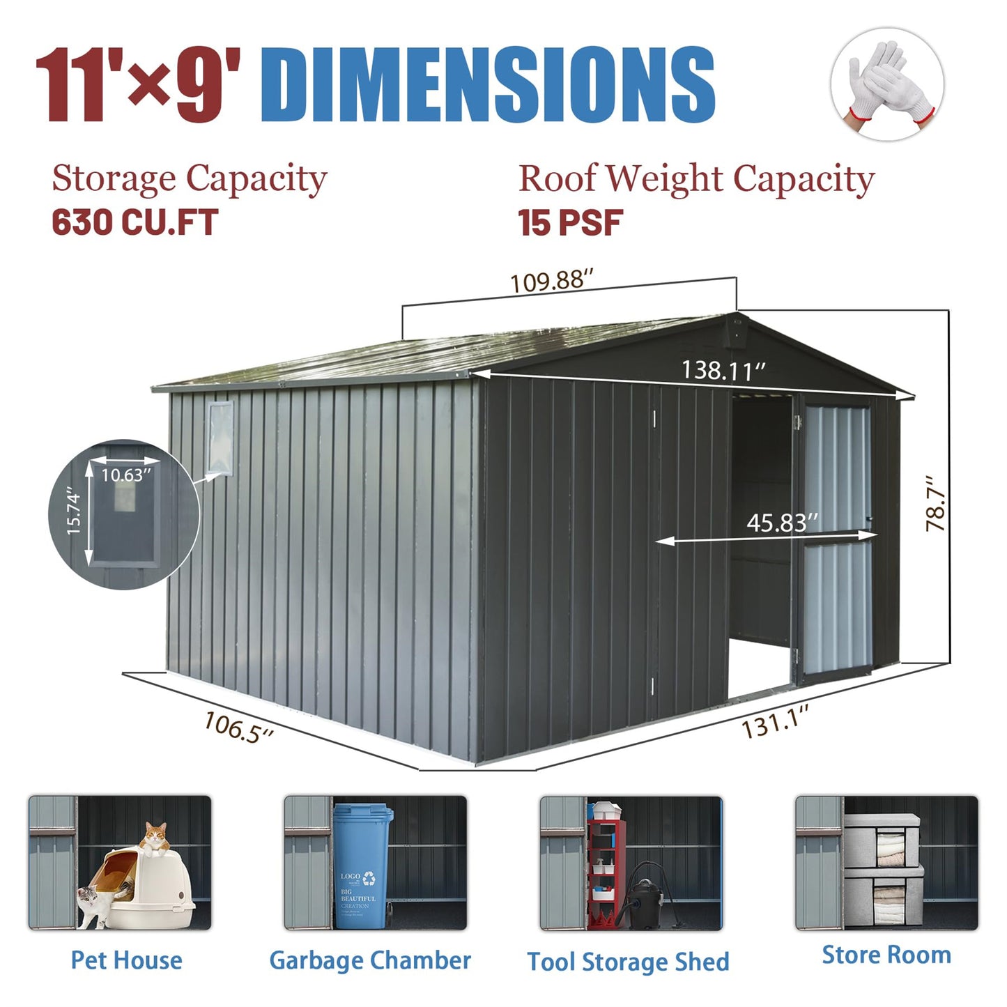 Backyard Storage Shed 11'x 9' with Galvanized Steel Frame & Windows, Outdoor Garden Shed Metal Utility Tool Storage Room with Lockable Door for Patio