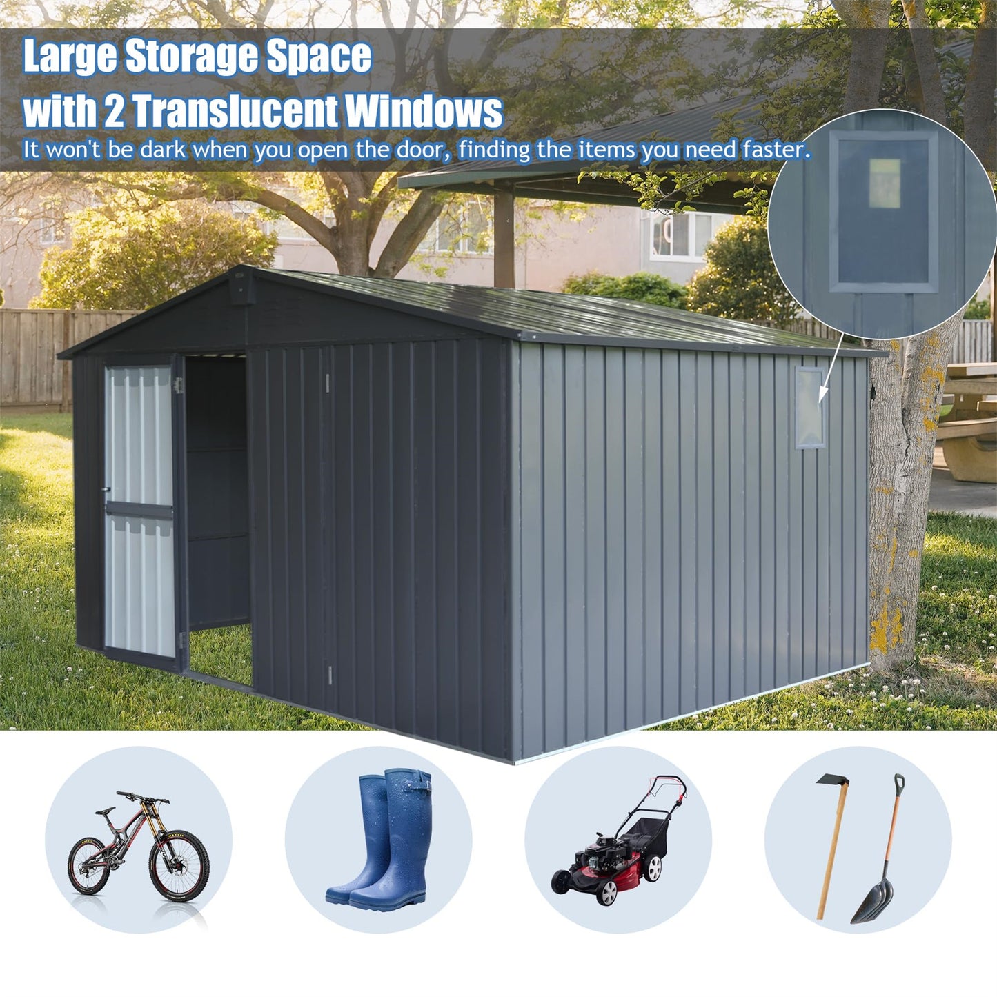 Backyard Storage Shed 11'x 9' with Galvanized Steel Frame & Windows, Outdoor Garden Shed Metal Utility Tool Storage Room with Lockable Door for Patio