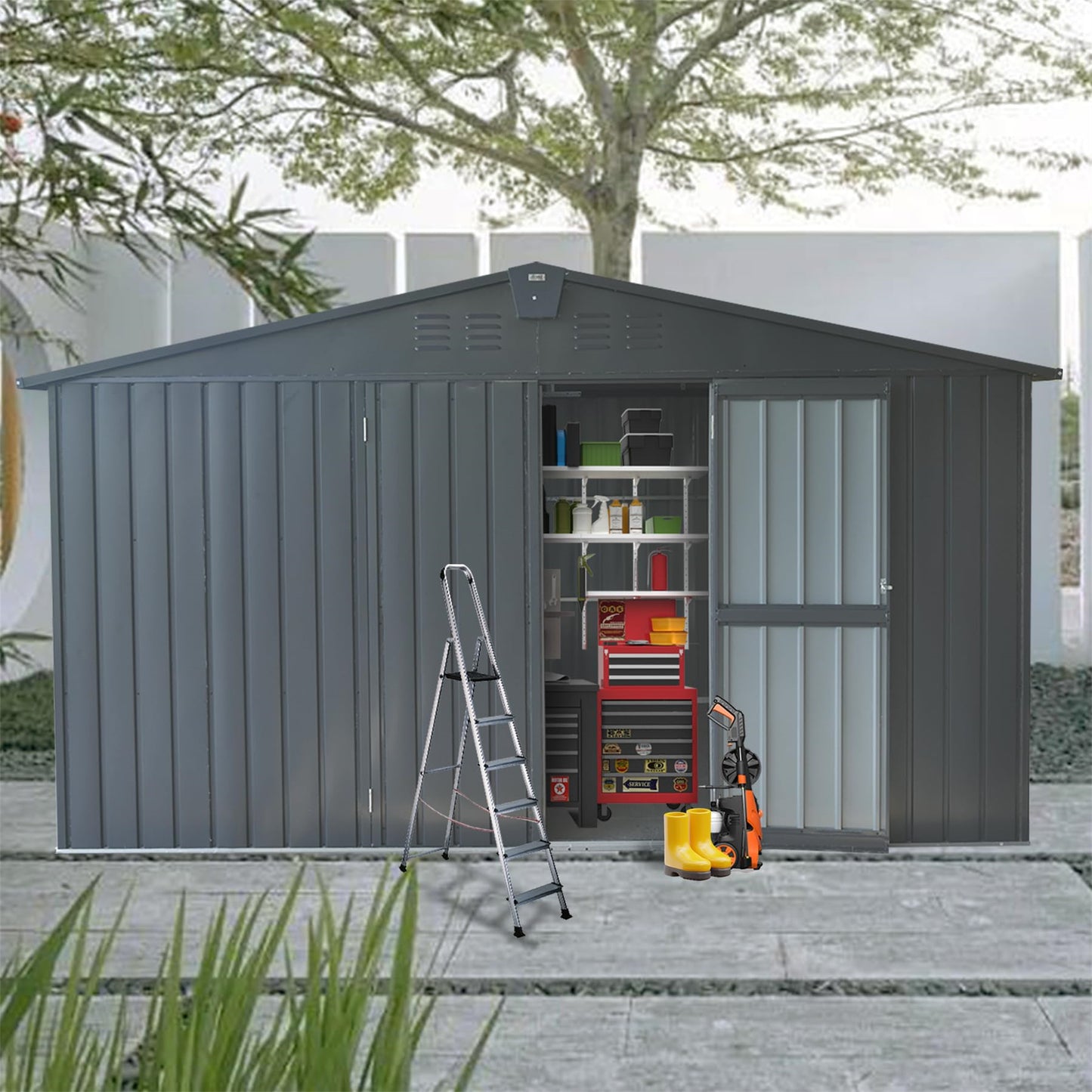 Backyard Storage Shed 11'x 9' with Galvanized Steel Frame & Windows, Outdoor Garden Shed Metal Utility Tool Storage Room with Lockable Door for Patio