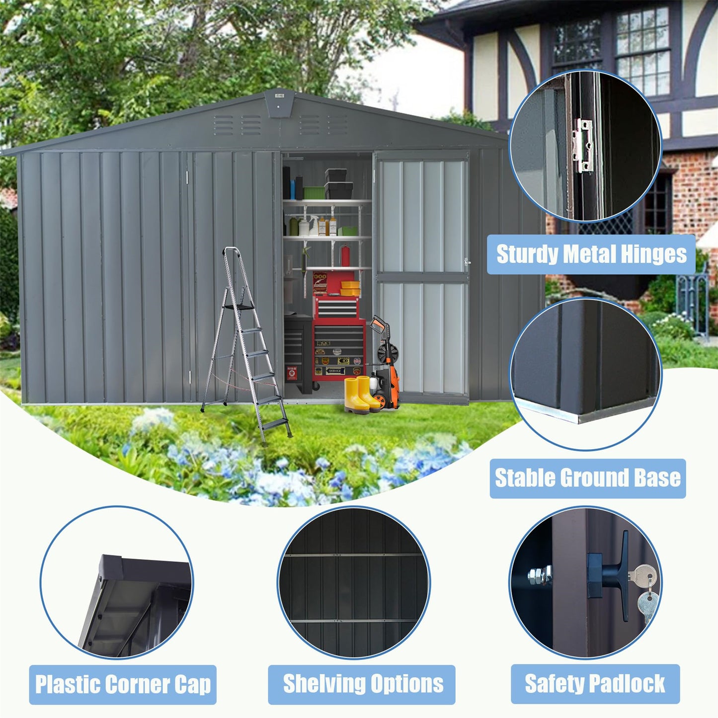 Backyard Storage Shed 11'x 9' with Galvanized Steel Frame & Windows, Outdoor Garden Shed Metal Utility Tool Storage Room with Lockable Door for Patio