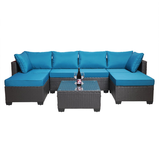 Outdoor Garden Patio Furniture 7-Piece PE Rattan Wicker Cushioned Sofa Sets and Coffee Table, patio furniture set;outdoor couch;outdoor couch patio furniture;outdoor sofa;patio couch