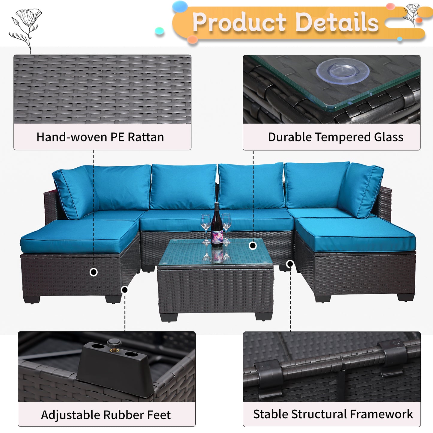 Outdoor Garden Patio Furniture 7-Piece PE Rattan Wicker Cushioned Sofa Sets and Coffee Table, patio furniture set;outdoor couch;outdoor couch patio furniture;outdoor sofa;patio couch