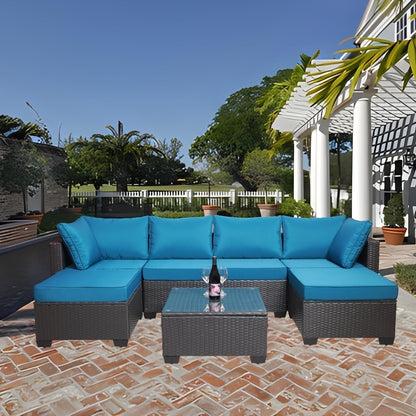 Outdoor Garden Patio Furniture 7-Piece PE Rattan Wicker Cushioned Sofa Sets and Coffee Table, patio furniture set;outdoor couch;outdoor couch patio furniture;outdoor sofa;patio couch