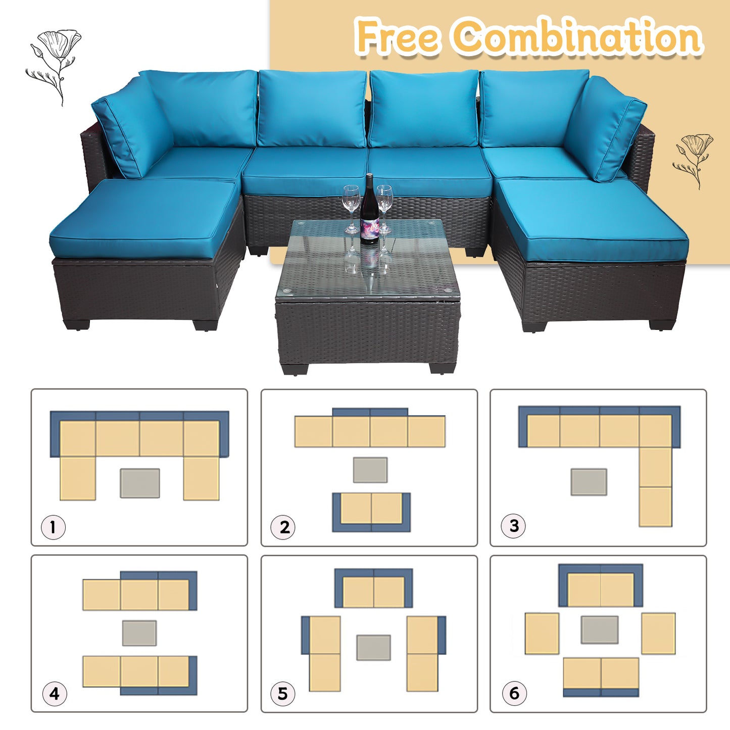 Outdoor Garden Patio Furniture 7-Piece PE Rattan Wicker Cushioned Sofa Sets and Coffee Table, patio furniture set;outdoor couch;outdoor couch patio furniture;outdoor sofa;patio couch