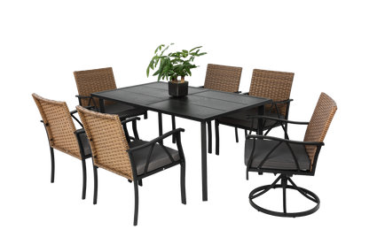 7 Piece Patio Dining Set ,Outdoor Wicker Furniture Set for Backyard Garden Deck Poolside with 2 Cushions Swivel Rocker Chairs,4 Cushions chairs,Table Top, Removable Cushions