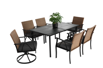 7 Piece Patio Dining Set ,Outdoor Wicker Furniture Set for Backyard Garden Deck Poolside with 2 Cushions Swivel Rocker Chairs,4 Cushions chairs,Table Top, Removable Cushions