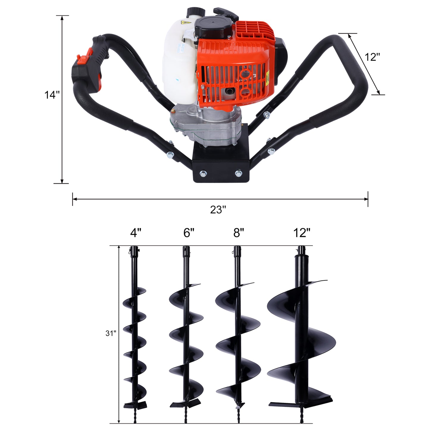 V-Type 52CC 2 Stroke Gas Post Hole Digger One Man Auger EPA Machine Plant Soil Digging Fence withHole Digger Replacement Auger Bits L4"+L6"+L8"+L12"