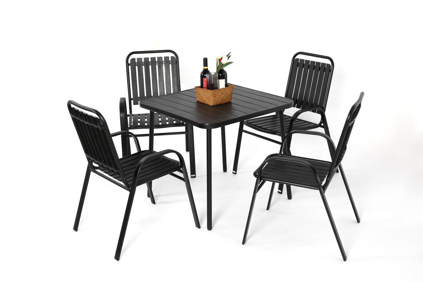 5-Piece Plastic chair and steel table Outdoor Dining Set, plastic Chairs and Table Set for Garden Patio, Black