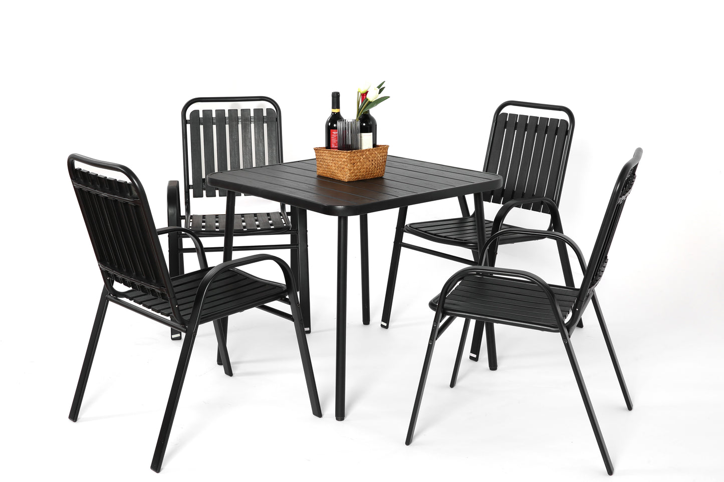 5-Piece Plastic chair and steel table Outdoor Dining Set, plastic Chairs and Table Set for Garden Patio, Black