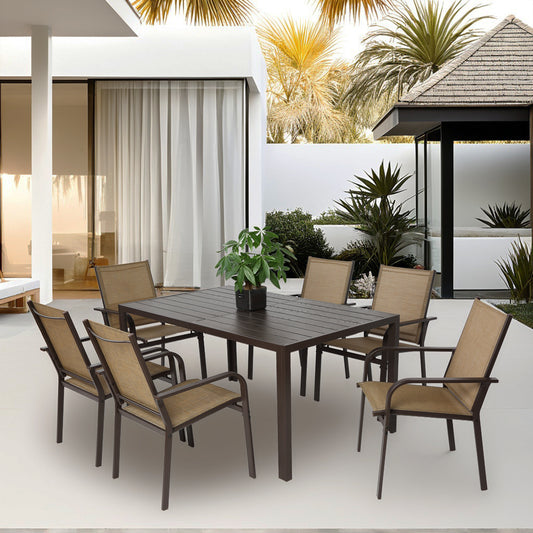 7 Pieces Patio Dining Set, Outdoor Furniture Table and 6 Textilene Chairs, Outdoor Furniture with Rectangular Table and 6 Stackable Chairs Family Conversation Set for Garden Backyard Deck-Brown