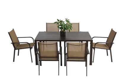 7 Pieces Patio Dining Set, Outdoor Furniture Table and 6 Textilene Chairs, Outdoor Furniture with Rectangular Table and 6 Stackable Chairs Family Conversation Set for Garden Backyard Deck-Brown