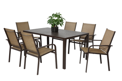 7 Pieces Patio Dining Set, Outdoor Furniture Table and 6 Textilene Chairs, Outdoor Furniture with Rectangular Table and 6 Stackable Chairs Family Conversation Set for Garden Backyard Deck-Brown