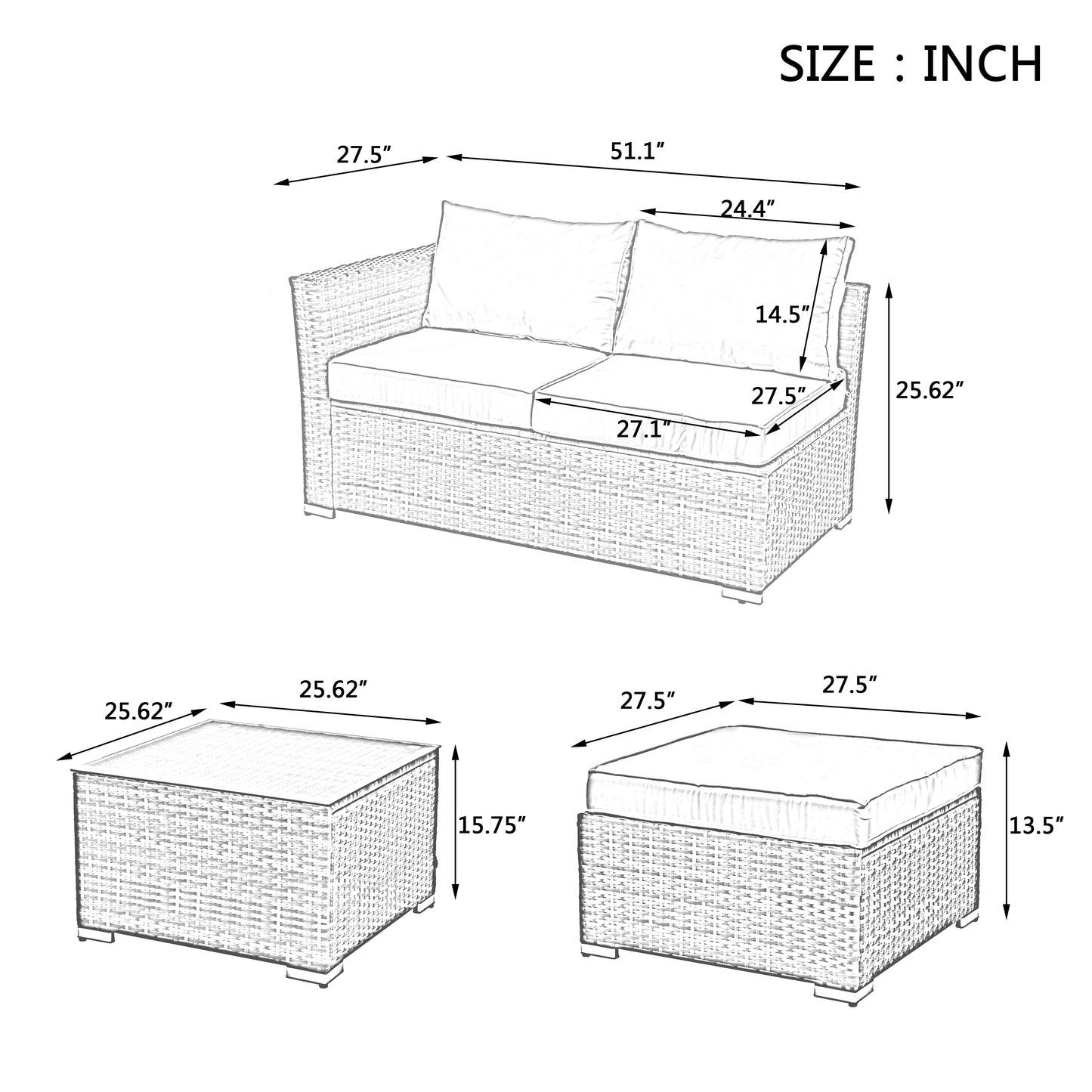 Patio Furniture, Outdoor Furniture, Seasonal PE Wicker Furniture, 4 Set Wicker Furniture With Tempered Glass Coffee Table,