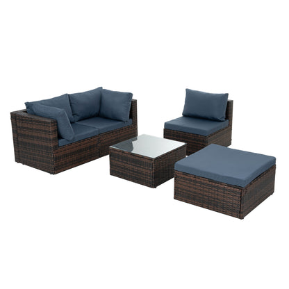Outdoor Furniture, Seasonal PE Wicker Furniture, 5 Set Wicker Furniture With Tempered Glass Coffee Table,