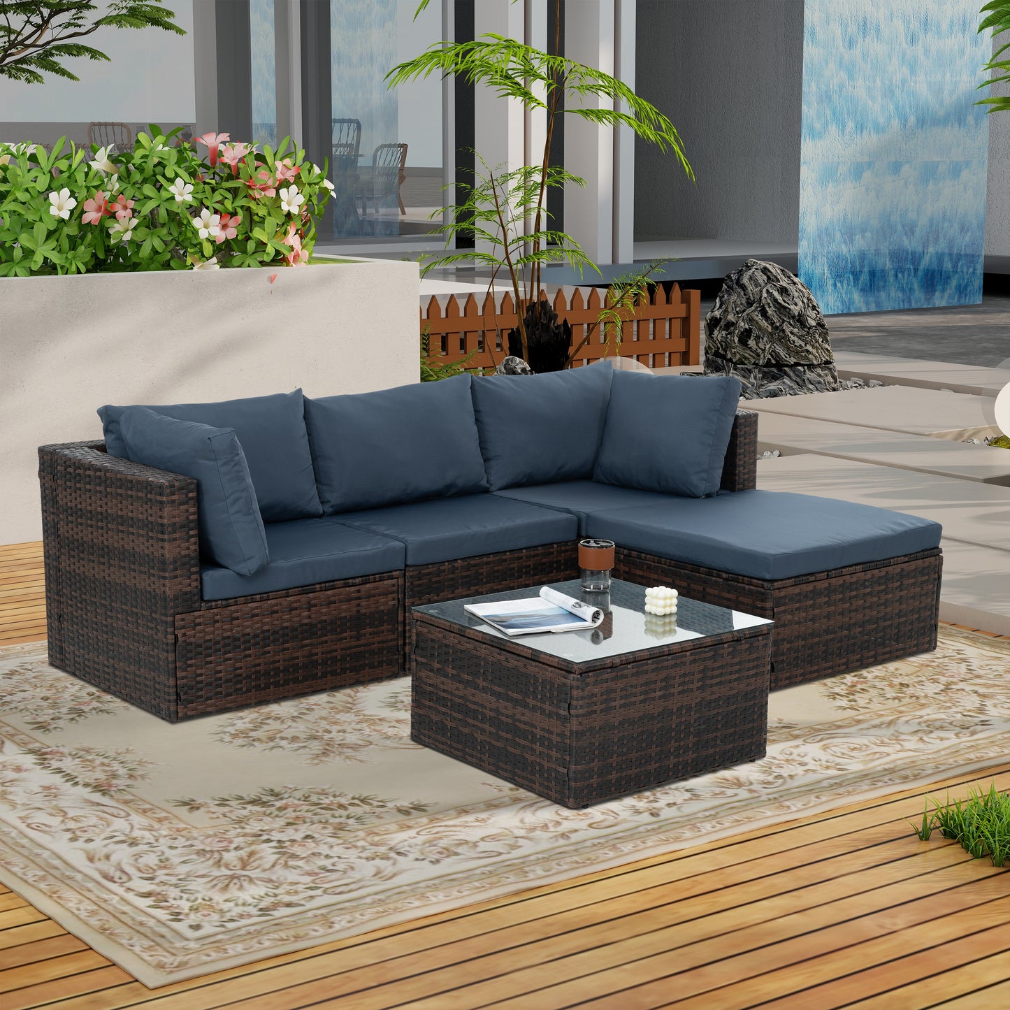 Outdoor Furniture, Seasonal PE Wicker Furniture, 5 Set Wicker Furniture With Tempered Glass Coffee Table,