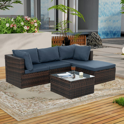 Outdoor Furniture, Seasonal PE Wicker Furniture, 5 Set Wicker Furniture With Tempered Glass Coffee Table,