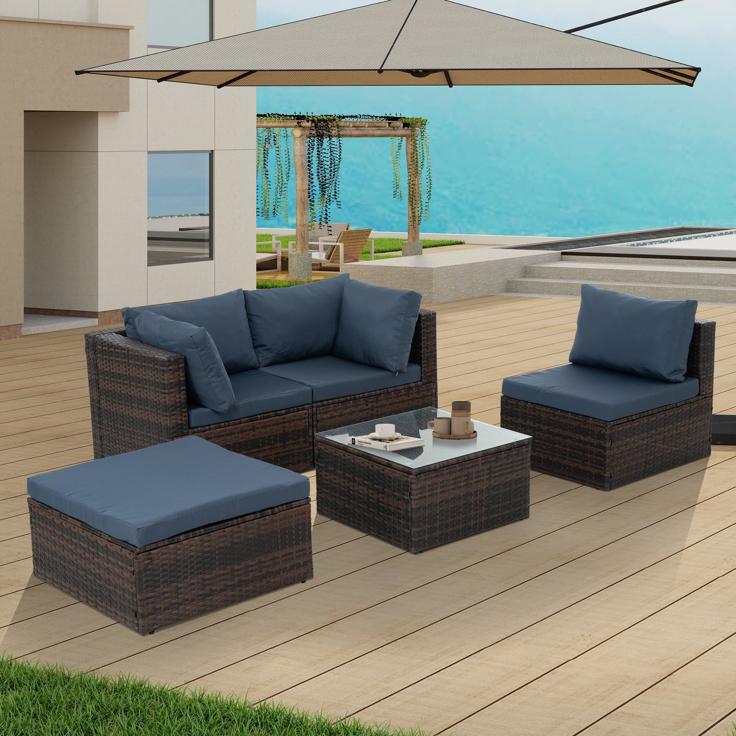 Outdoor Furniture, Seasonal PE Wicker Furniture, 5 Set Wicker Furniture With Tempered Glass Coffee Table,