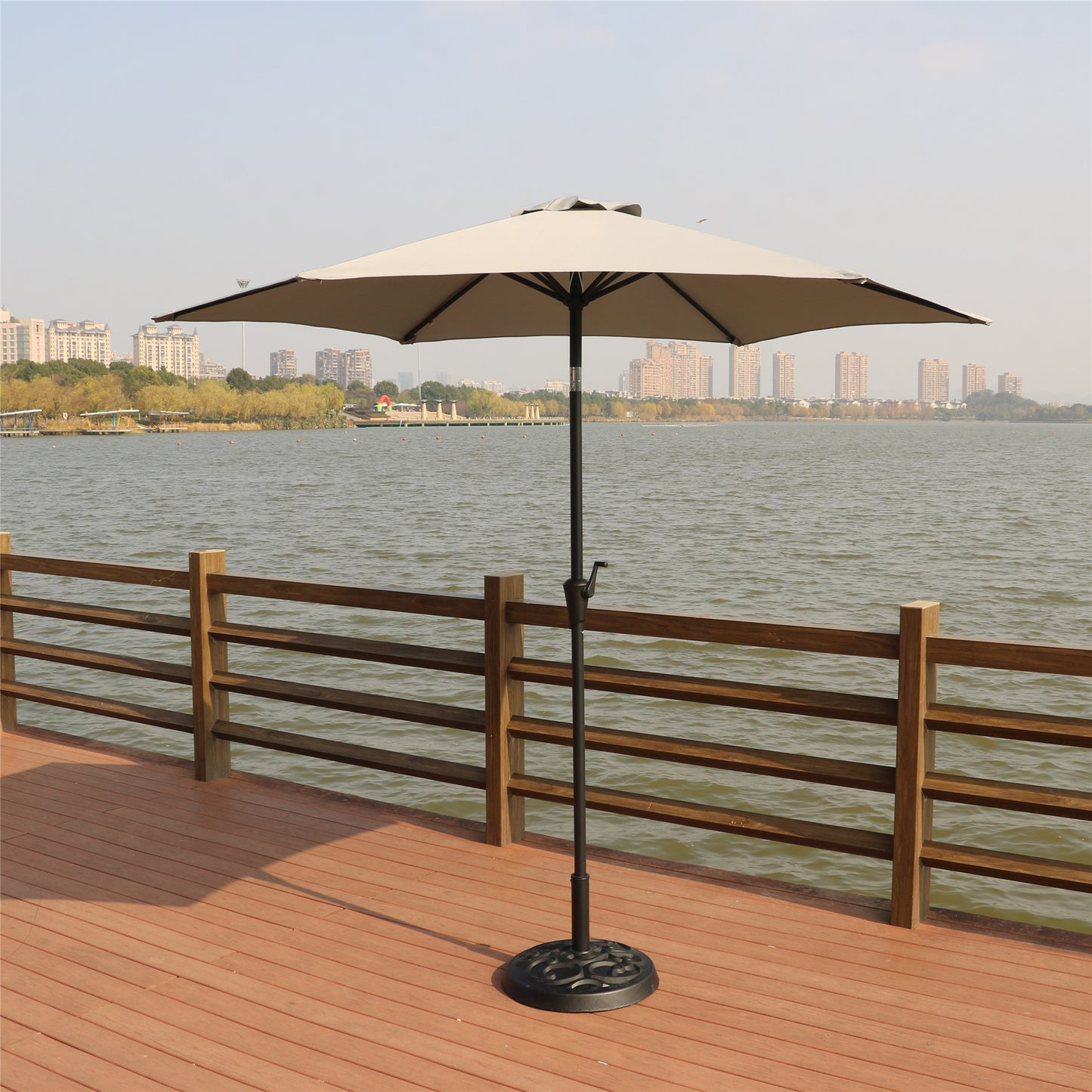 8.8 feet Outdoor Aluminum Patio Umbrella, Patio Umbrella, Market Umbrella with 33 pounds Round Resin Umbrella Base, Push Button Tilt and Crank lift, Gray