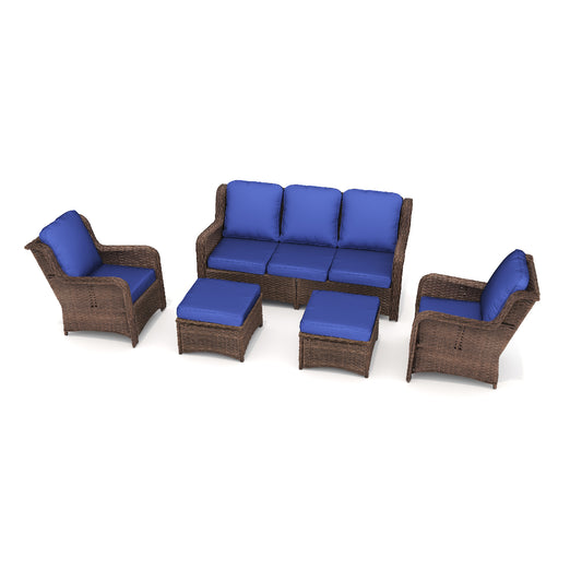Patio Furniture Set Rattan Outdoor Sectional Conversation Sets 3-Seat Outdoor Couch,2 Single Chair and 2 Ottoman for Lawn, Balcony, Garden, Backyard (Gray-Navy, Set of 5)