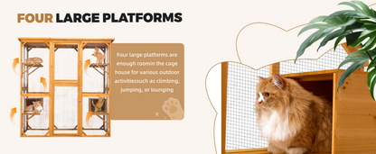 Catio Outdoor Cat Enclosure with Roof 72" Height Cat Wooden House Large Cat Cage with 3 Jumping Platforms and 2 Napping Houses for Cat Activity (Yellow)