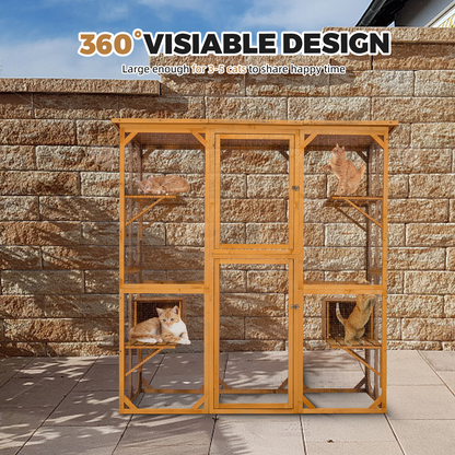 Catio Outdoor Cat Enclosure with Roof 72" Height Cat Wooden House Large Cat Cage with 3 Jumping Platforms and 2 Napping Houses for Cat Activity (Yellow)