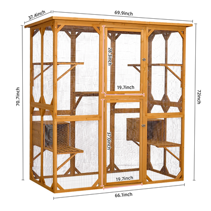 Catio Outdoor Cat Enclosure with Roof 72" Height Cat Wooden House Large Cat Cage with 3 Jumping Platforms and 2 Napping Houses for Cat Activity (Yellow)