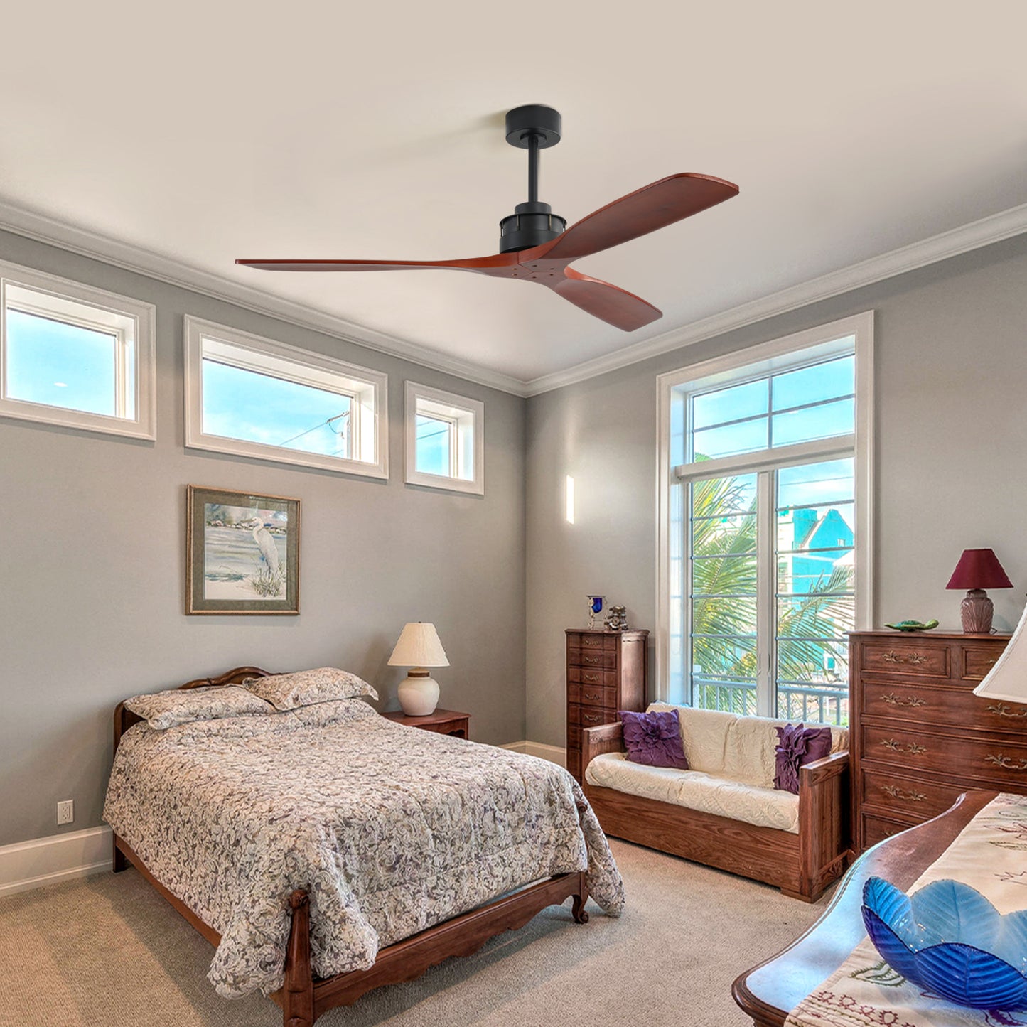 60 Inch Elegant Ceiling Fan with Remote Control,3 Mahogany Solid Wood Blades, Suitable for Indoor and Outdoor