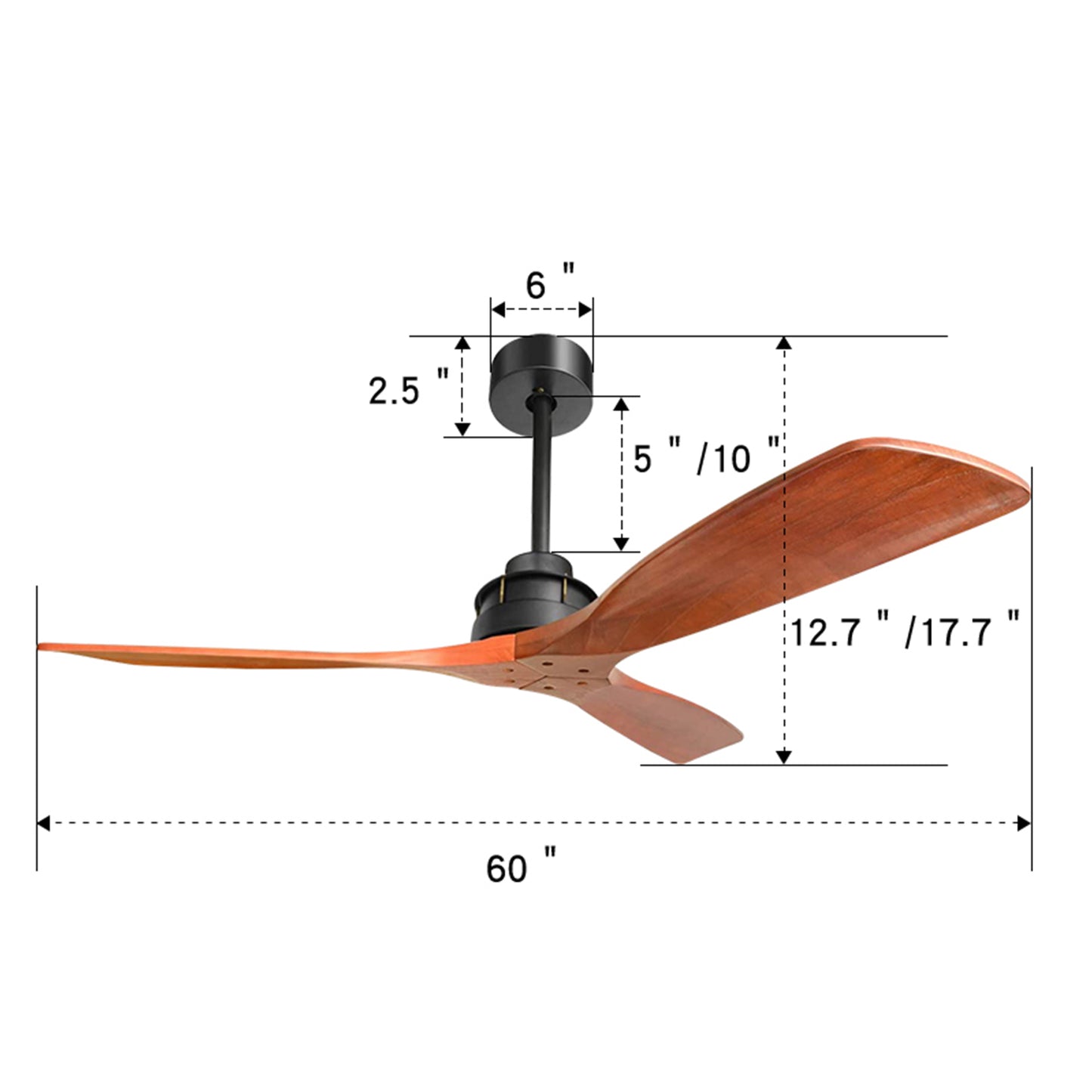 60 Inch Elegant Ceiling Fan with Remote Control,3 Mahogany Solid Wood Blades, Suitable for Indoor and Outdoor