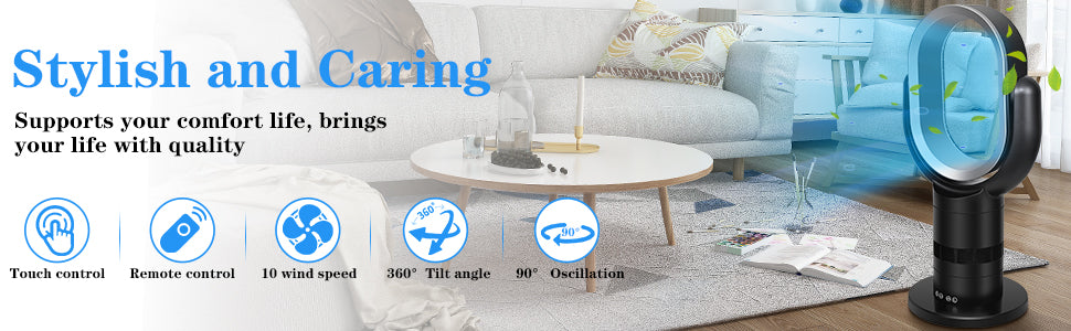 HealSmart Medium size portable bladeless fan, small table fan, 10 speeds settings, 10-hour timing closure bladeless fan, stylish and modern fan, low noise, lightweight, 24 inches, black