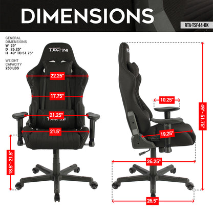 Techni Sport TS-F44 Fabric Ergonomic High Back Racer Style PC Gaming Chair, Black