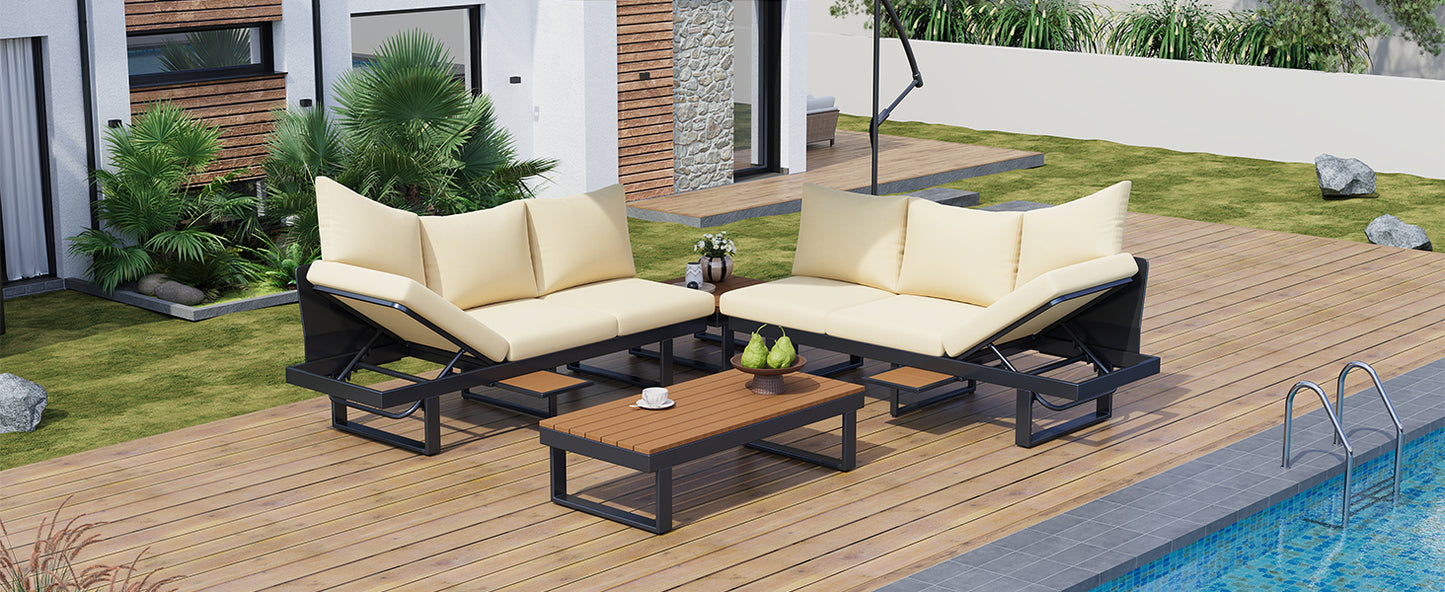 Outdoor Sectional Sofa Set Patio Conversation Set Patio Seating Group Outdoor Daybed with Adjustable Reclining Seats for Backyard, Poolside and Balcony,Beige