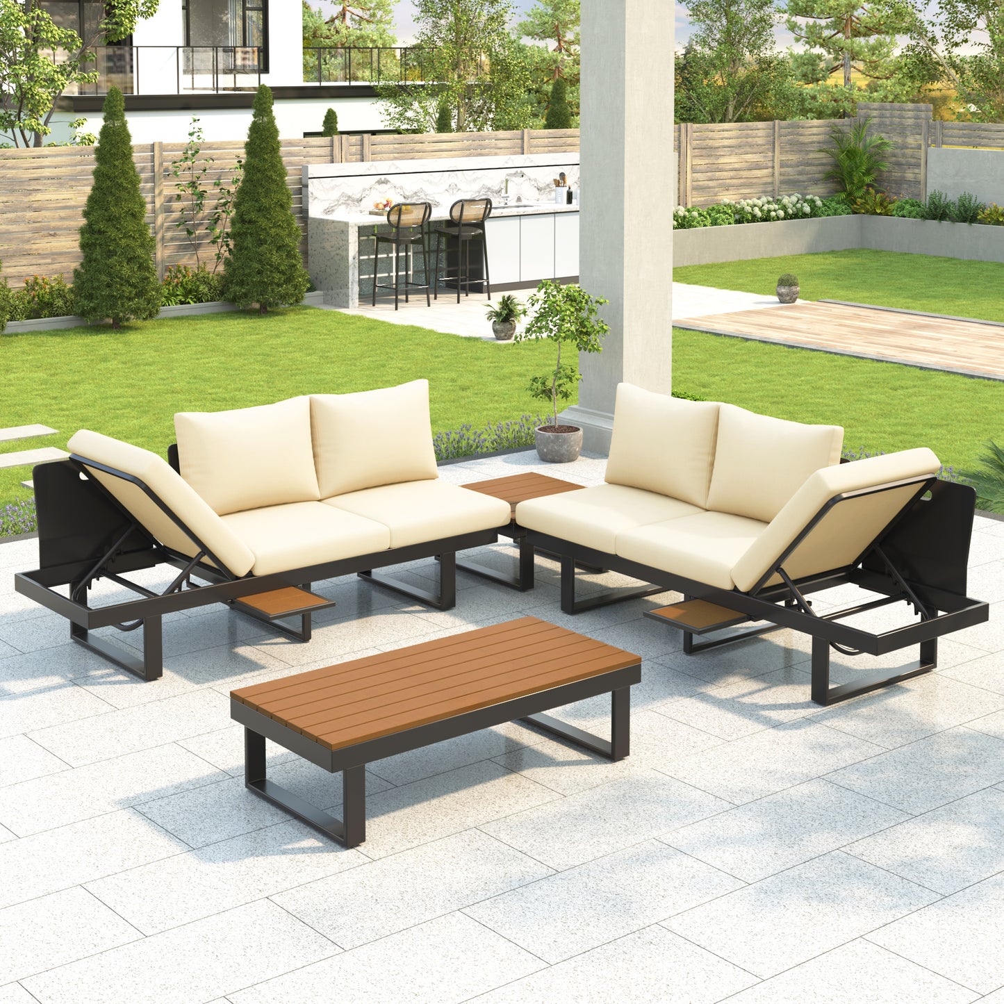 Outdoor Sectional Sofa Set Patio Conversation Set Patio Seating Group Outdoor Daybed with Adjustable Reclining Seats for Backyard, Poolside and Balcony,Beige