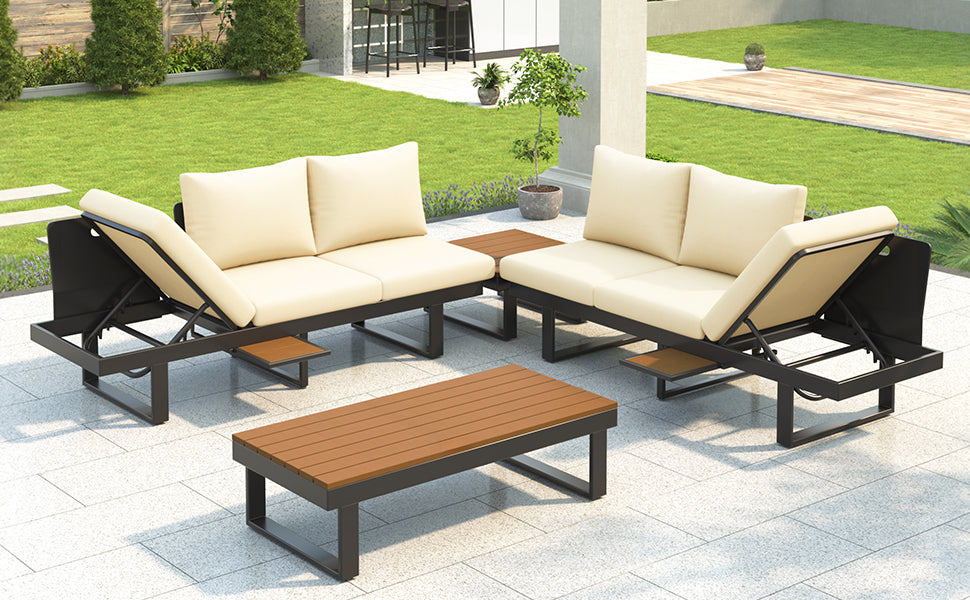 Outdoor Sectional Sofa Set Patio Conversation Set Patio Seating Group Outdoor Daybed with Adjustable Reclining Seats for Backyard, Poolside and Balcony,Beige