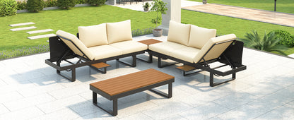 Outdoor Sectional Sofa Set Patio Conversation Set Patio Seating Group Outdoor Daybed with Adjustable Reclining Seats for Backyard, Poolside and Balcony,Beige