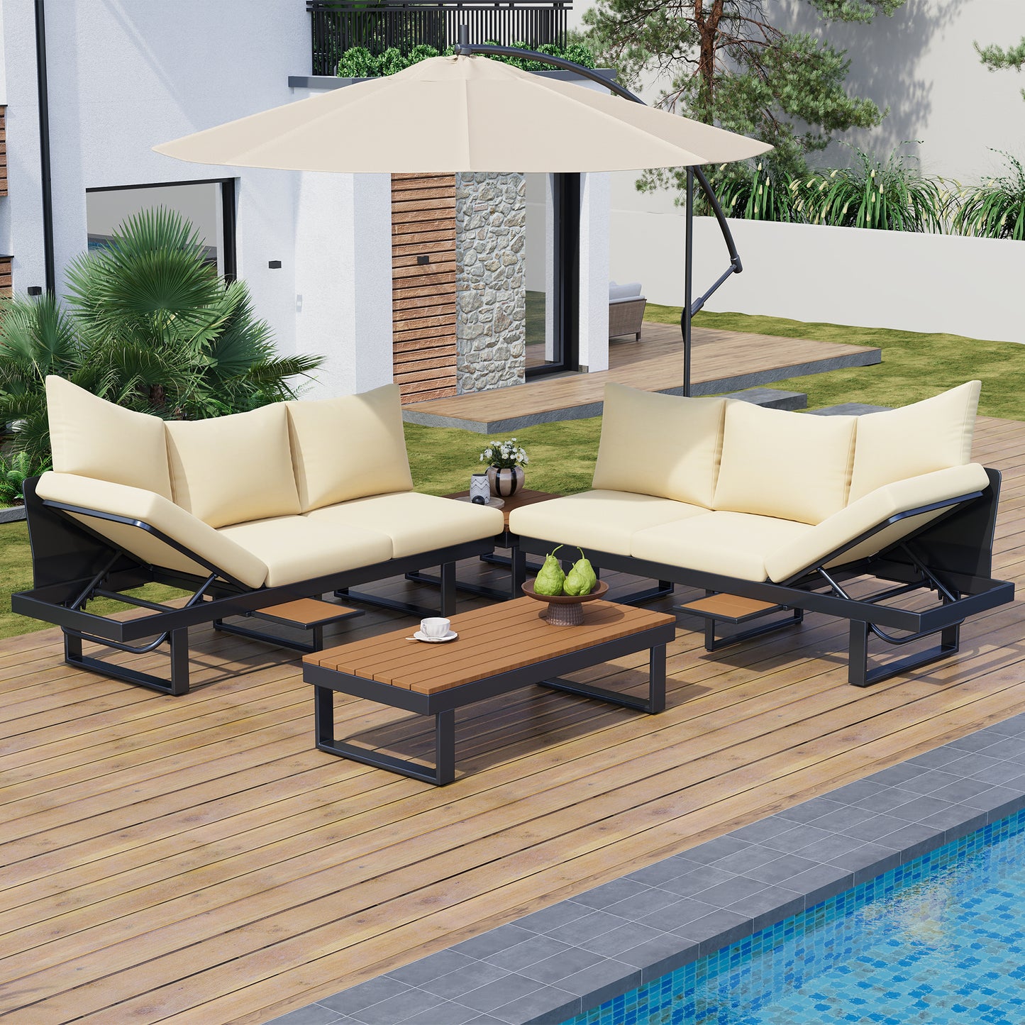Outdoor Sectional Sofa Set Patio Conversation Set Patio Seating Group Outdoor Daybed with Adjustable Reclining Seats for Backyard, Poolside and Balcony,Beige