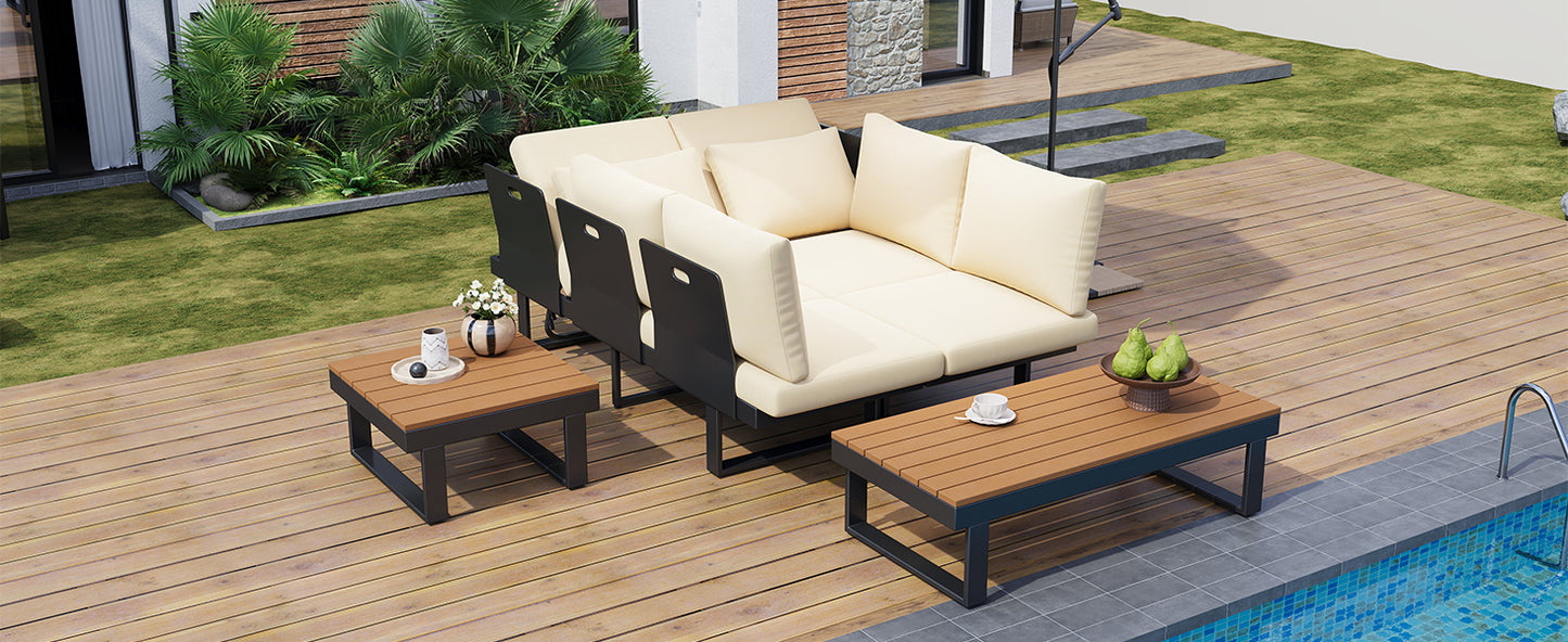 Outdoor Sectional Sofa Set Patio Conversation Set Patio Seating Group Outdoor Daybed with Adjustable Reclining Seats for Backyard, Poolside and Balcony,Beige