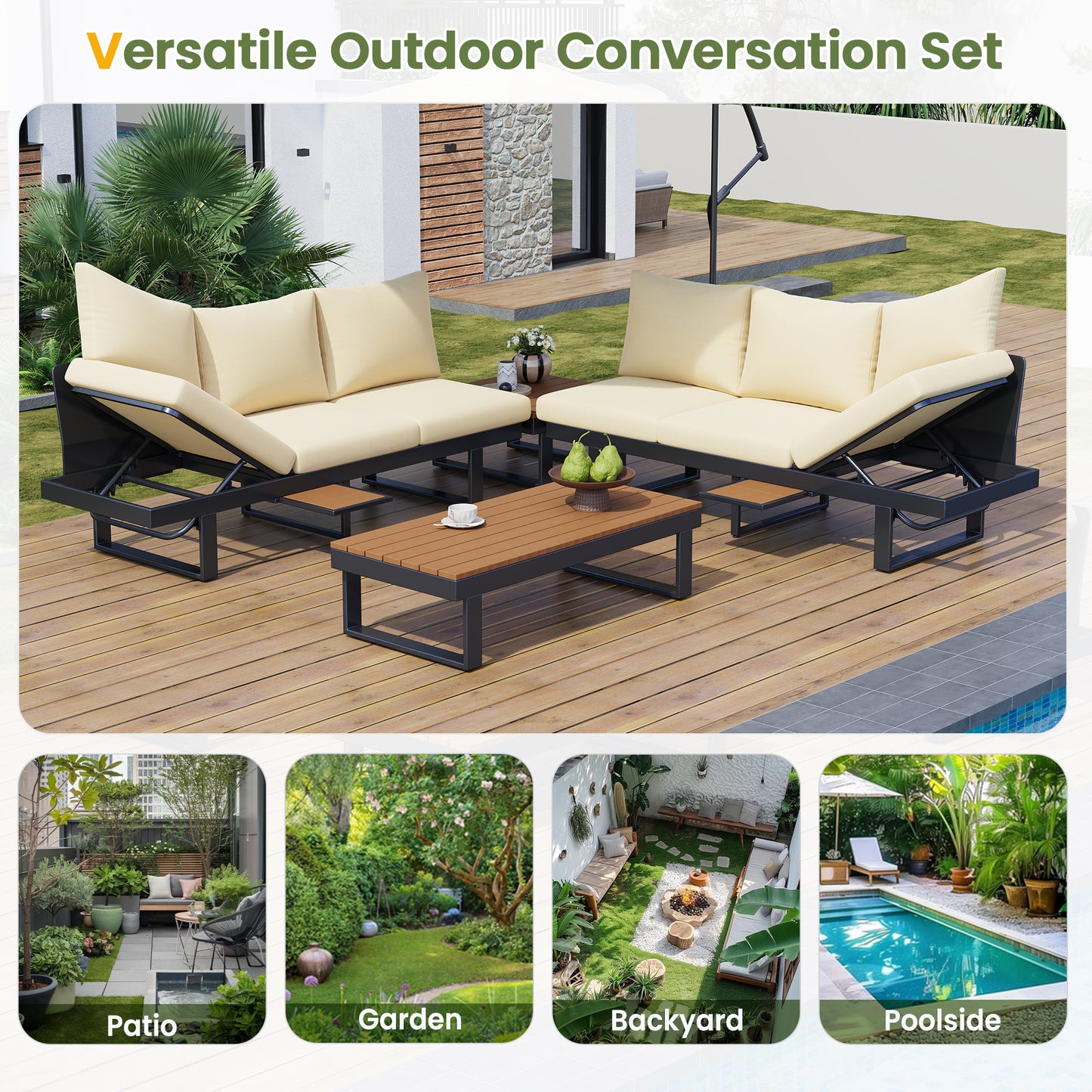 Outdoor Sectional Sofa Set Patio Conversation Set Patio Seating Group Outdoor Daybed with Adjustable Reclining Seats for Backyard, Poolside and Balcony,Beige